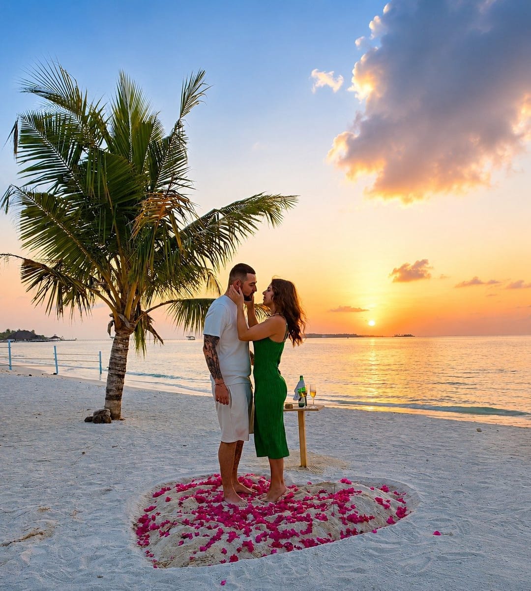 Couple watching the sunset on the beach at Vilu Residence, Maldives